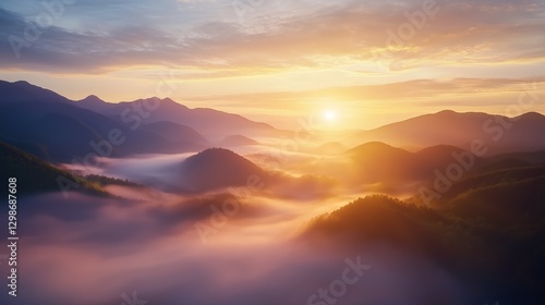 Wallpaper Mural Cinematic landscape of a misty mountain valley at sunrise with layered fog and golden light Torontodigital.ca