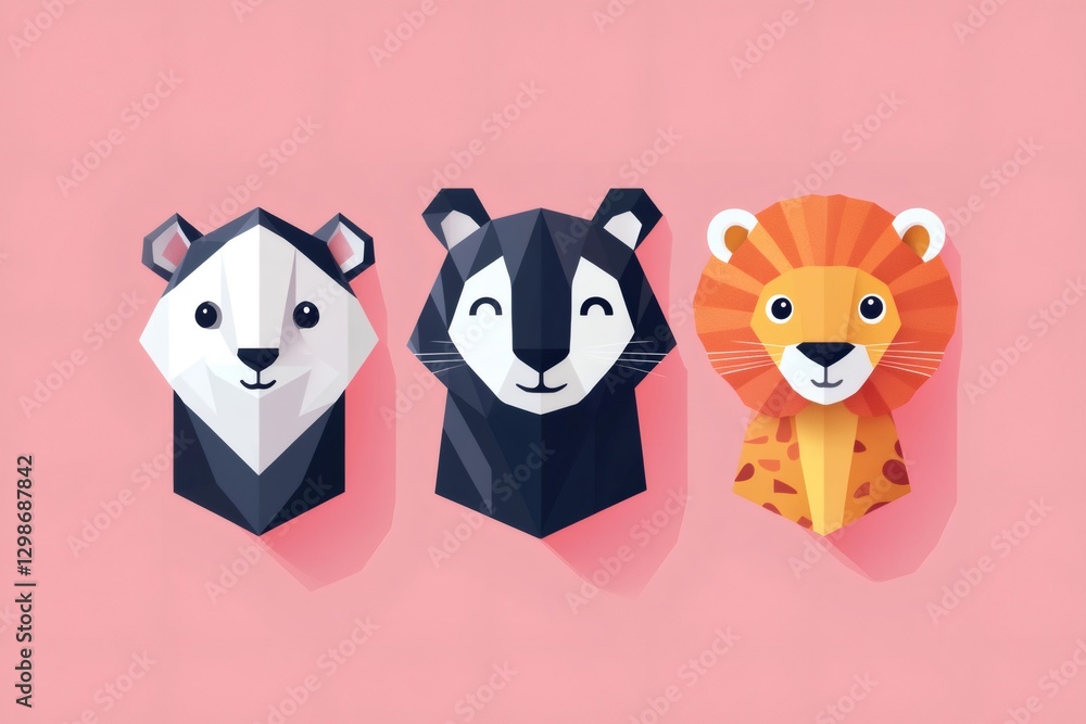 Fototapeta premium Low poly animals faces smiling on pink background