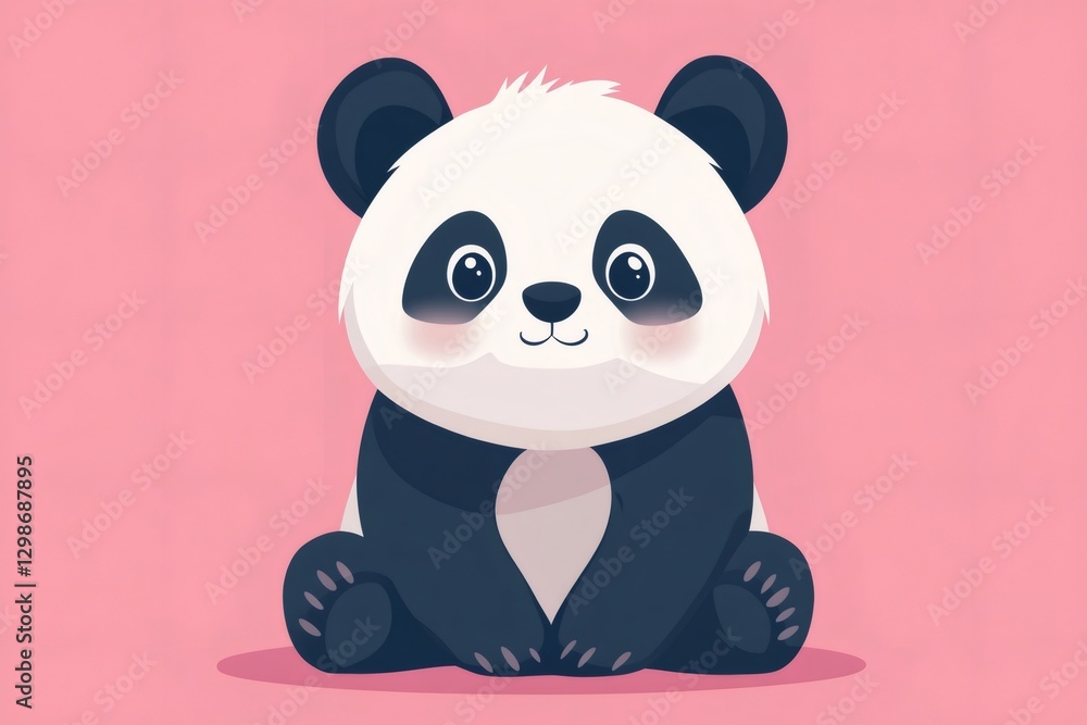 Obraz premium Adorable baby panda sitting and smiling on pink background