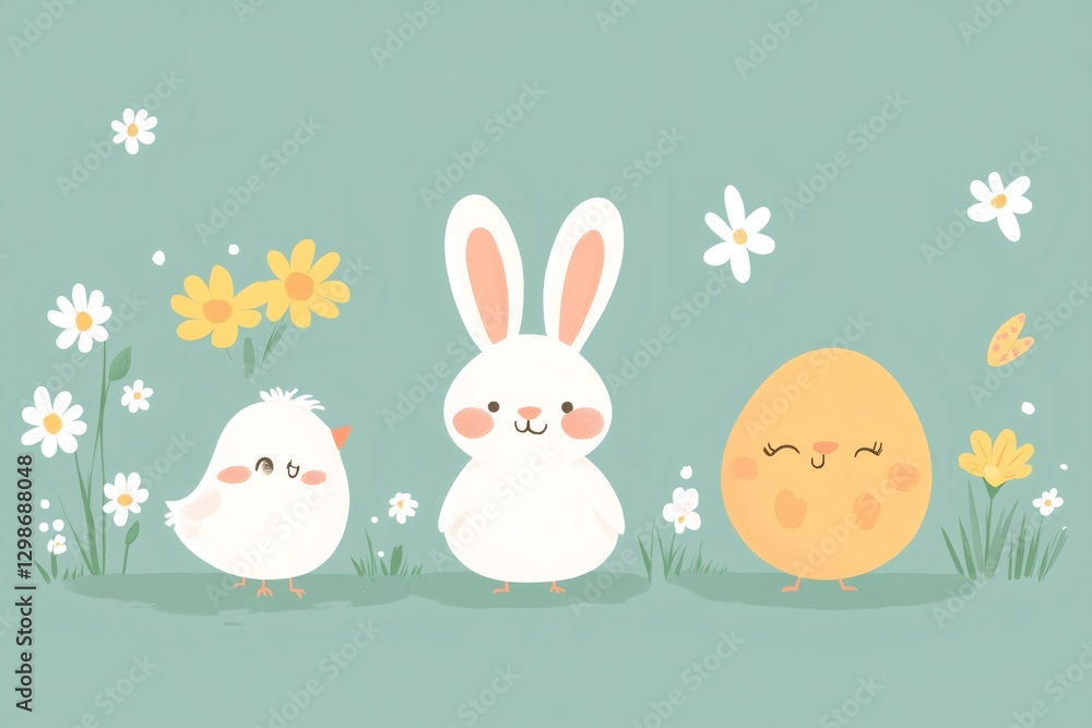 Cute easter bunny and chick enjoying spring flowers Cute easter bunny and chick enjoying spring flowers