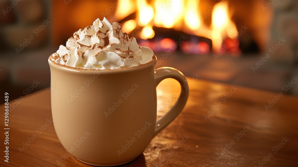 Warm Cup of Hot Chocolate with Whipped Cream by a Cozy Fireplace Warm Cup of Hot Chocolate with Whipped Cream by a Cozy Fireplace