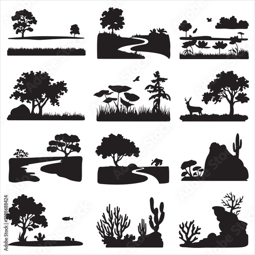 set vector various grass, grass landscape, grassland silhouettes