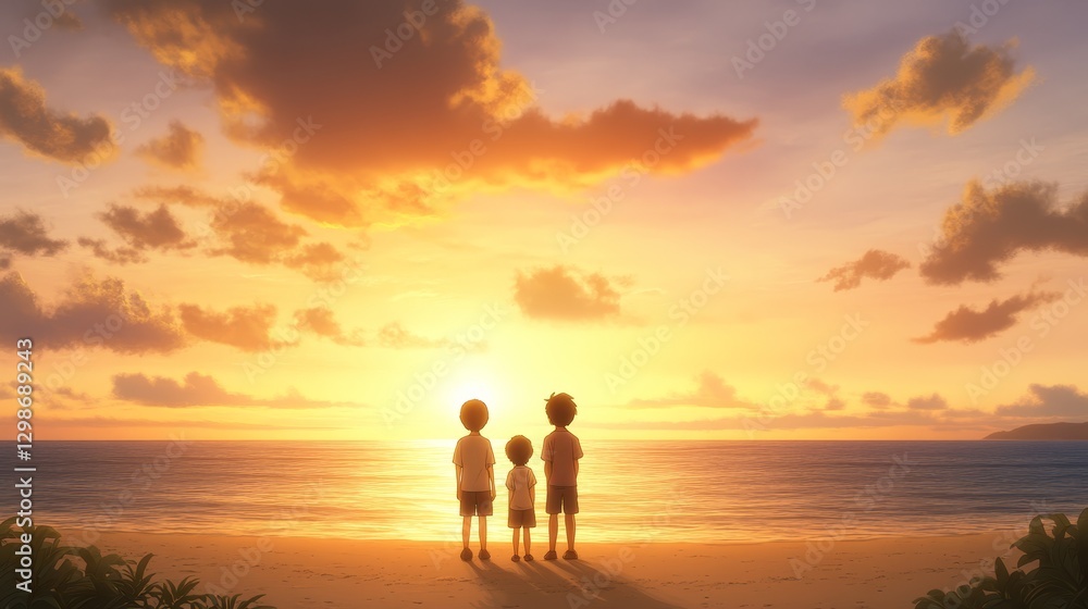 Fototapeta premium Breathtaking sunset spectacle people embrace the golden hour on tranquil beach