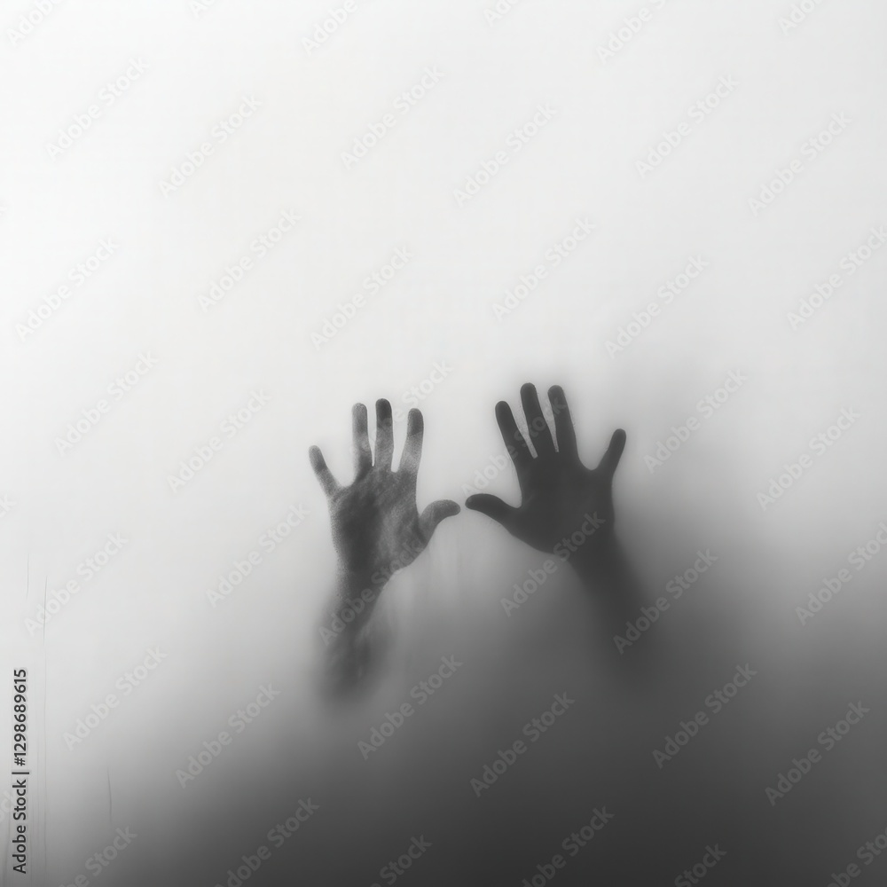 Eerie Atmosphere Created by Two Hands Behind Foggy Glass Against a Plain White Wall Suggesting Something Dark and Mysterious Eerie Atmosphere Created by Two Hands Behind Foggy Glass Against a Plain White Wall Suggesting Something Dark and Mysterious