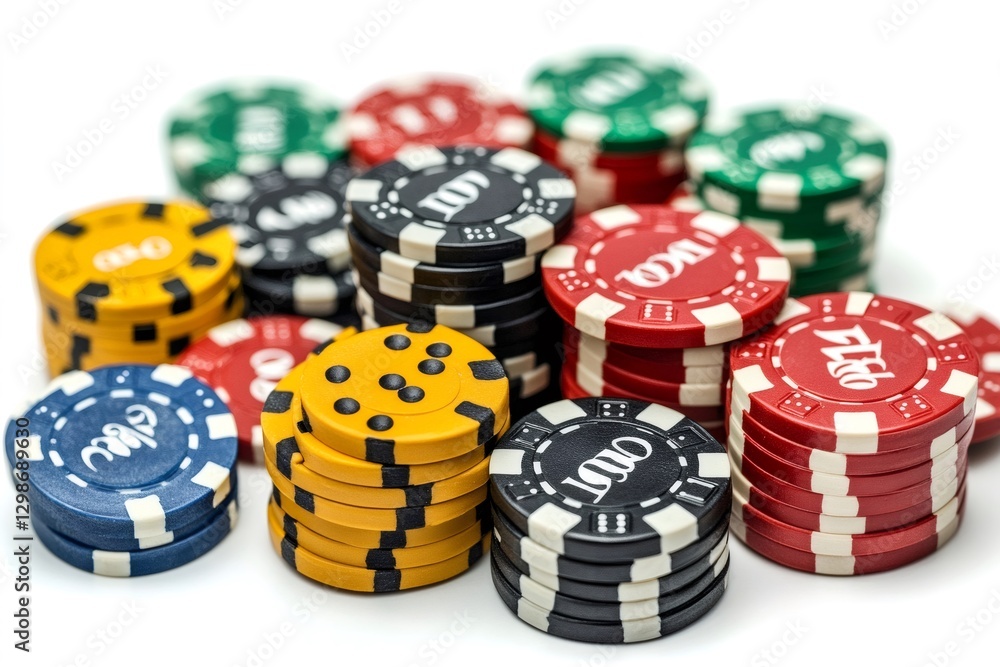 Colorful poker chips stacked on white background representing gambling and betting Colorful poker chips stacked on white background representing gambling and betting