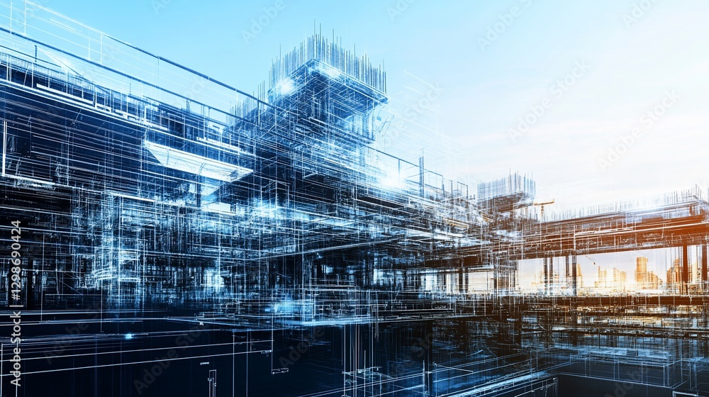 Obraz premium Futuristic Building Construction Digital Rendering with Blue Wireframe