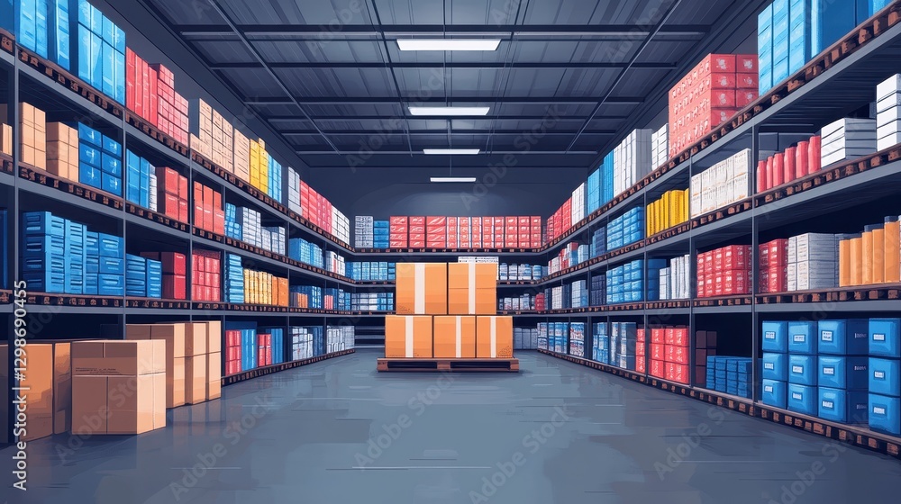 Fototapeta premium Extensive and Neatly Organized Warehouse Interior Featuring Stacked Shelves, Color-Coded Boxes, and Central Pallet Conveying Storage Facility Efficiency
