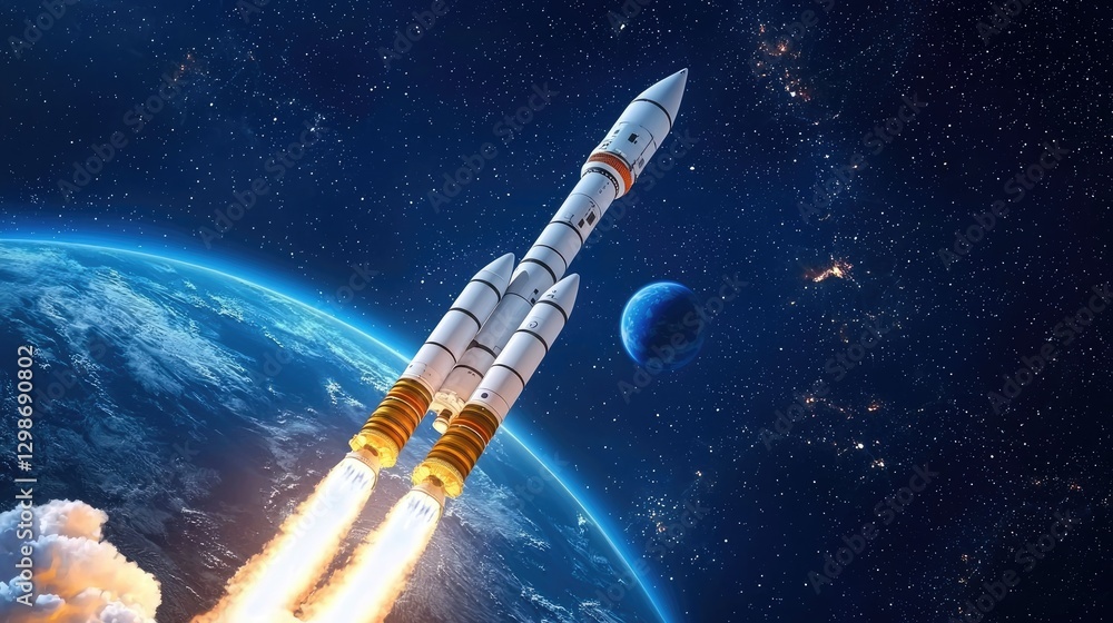 Obraz premium Rocket launching into space earth orbit digital art cosmic environment aerial view scientific exploration