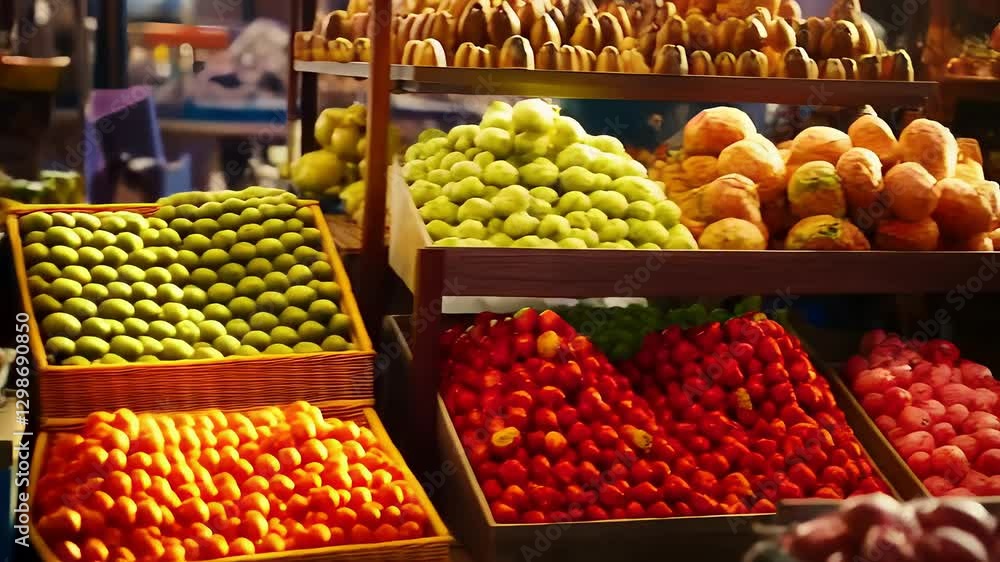 Vibrant fruit display at a lively market during golden hour showcasing a variety of tropical produce Vibrant fruit display at a lively market during golden hour showcasing a variety of tropical produce
