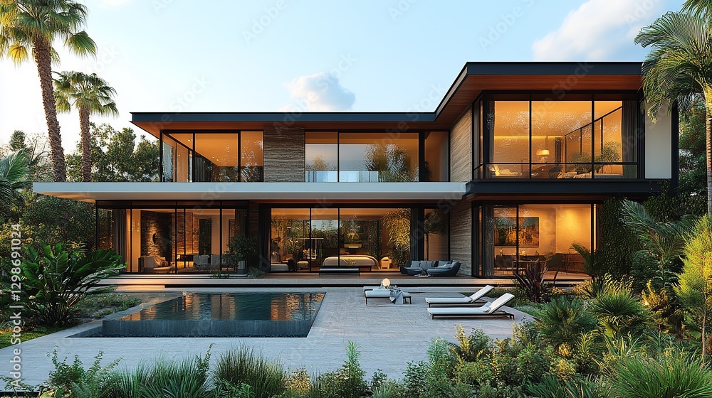 Fototapeta premium Modern home with sleek lines, a pool, lush greenery, and expansive windows seamlessly blending indoor and outdoor living.