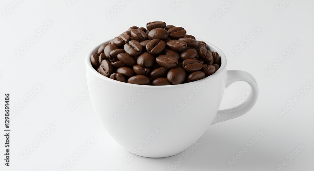 A white ceramic coffee cup filled with fresh roasted coffee beans, placed on a clean white background. High-quality lighting, ultra-detailed texture, soft shadows, 8K resolution, minimalist coffee A white ceramic coffee cup filled with fresh roasted coffee beans, placed on a clean white background. High-quality lighting, ultra-detailed texture, soft shadows, 8K resolution, minimalist coffee