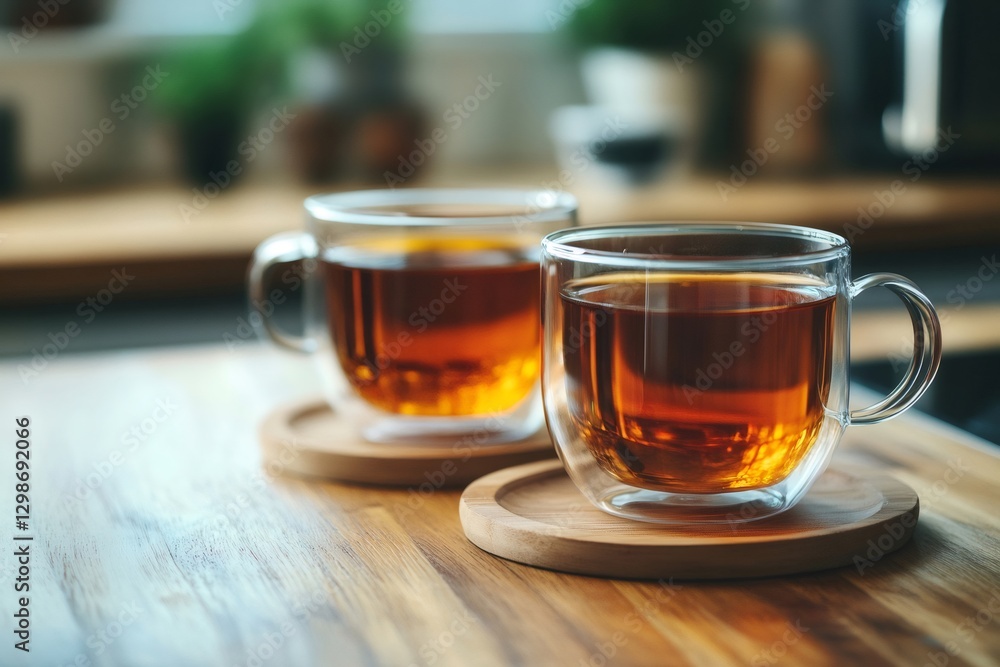 Two glass teacups with hot tea resting on wooden coasters in a modern kitchen Two glass teacups with hot tea resting on wooden coasters in a modern kitchen