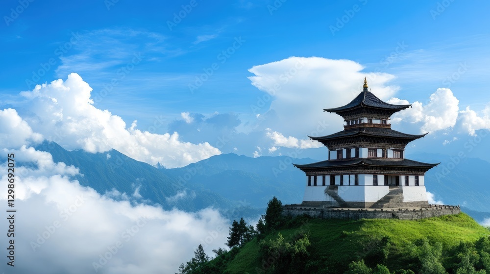 Obraz premium Stunning scenic view of traditional pagoda on mountain serene landscape cloudy sky tranquil environment