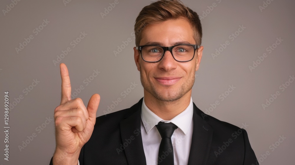 Successful Businessman in Formal Attire Pointing Confidently in Corporate Office Setting Against Neutral Background Successful Businessman in Formal Attire Pointing Confidently in Corporate Office Setting Against Neutral Background