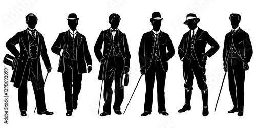 Men in Victorian Suits, Gentleman. Silhouettes Set. Vector cliparts isolated on white.