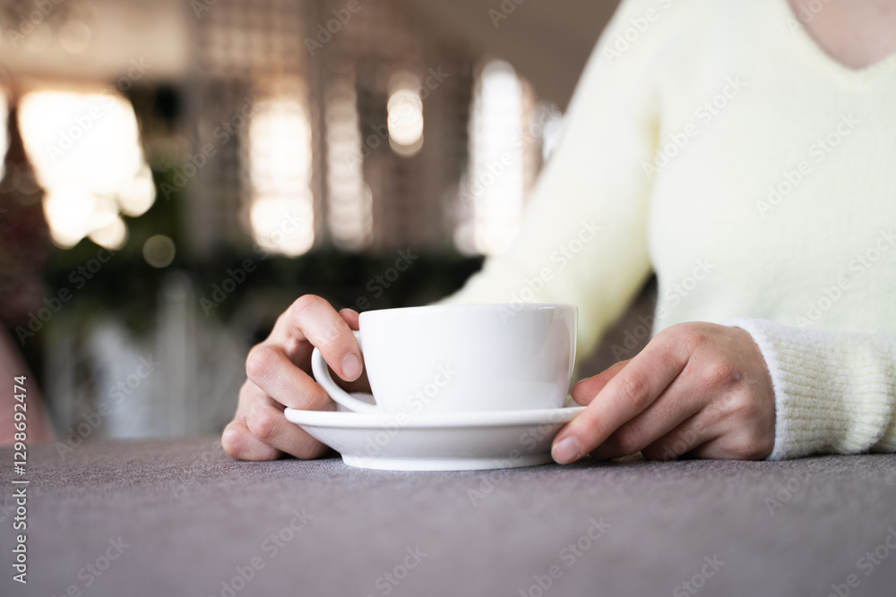 Close-up of woman's hands holding a white cup of hot coffee, tea, beverage on a saucer in a cozy cafe. Coffee break, love for caffeine, pleasure of enjoying a warm drink in a restaurant, cafeteria. Close-up of woman's hands holding a white cup of hot coffee, tea, beverage on a saucer in a cozy cafe. Coffee break, love for caffeine, pleasure of enjoying a warm drink in a restaurant, cafeteria.
