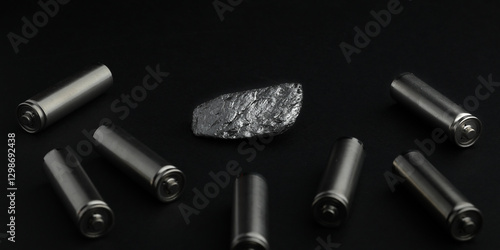 Piece of natural graphite ore, amongst batteries, black background. Mine, mining of critical minerals. Used as anode material in lithium-ion batteries, and other battery technologies