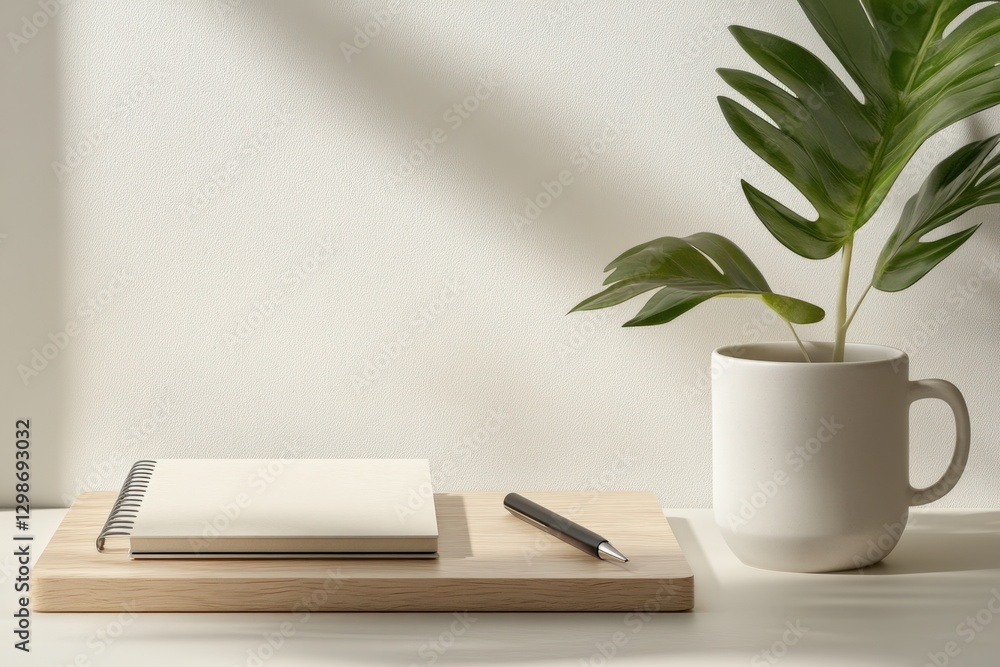 Minimalist office desk setup with notebook and plant in mug Minimalist office desk setup with notebook and plant in mug