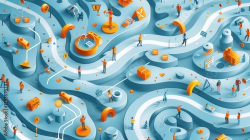 Business Process Office Isometric Pattern Illustrating Teamwork, Planning, and Market Growth in a Vibrant Workspace Environment