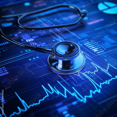 A stethoscope placed on a digital medical screen displaying vital health data.