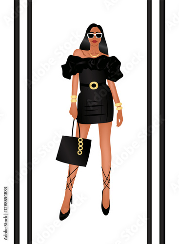 Illustration of glamorous diva on white background.