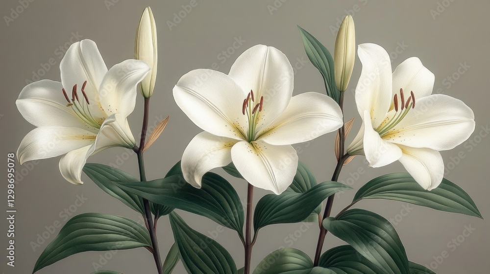 Fototapeta premium Lilies blooming in garden against neutral wall backdrop, showing beauty & nature's tranquility
