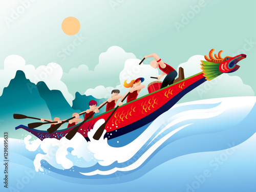 Vector of energetic people rowing dragon boat in the river. Vector. With mountains and clouds as background.