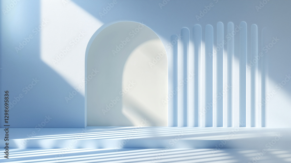 Mockup. White 3D rendered architectural space with sunlight creates a minimalist background for product mockups and presentations. Minimalist white arch and columns with soft shadows Mockup. White 3D rendered architectural space with sunlight creates a minimalist background for product mockups and presentations. Minimalist white arch and columns with soft shadows