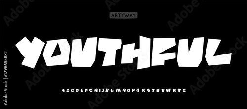 Graffiti block letters, bold street font, angular urban typography, dynamic geometric typeface, youthful high-impact modern typographic design. Vector typeset