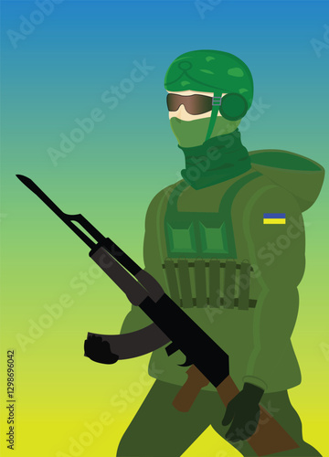 Ukrainian soldier on blue yellow background