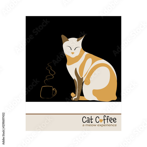 stylized illustration of a cat taking coffee, poster for coffee shops