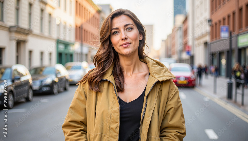 Fototapeta premium Confident woman in casual jacket standing on a busy city street, recycled materials, homespun, handmade, national traditions, natural wool, cotton, zero waste fashion, consignment shop, vintage,
