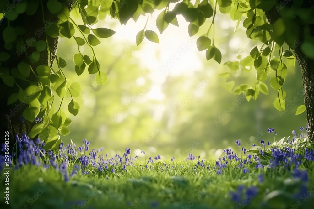 Obraz premium Sunny spring forest with fresh green leaves