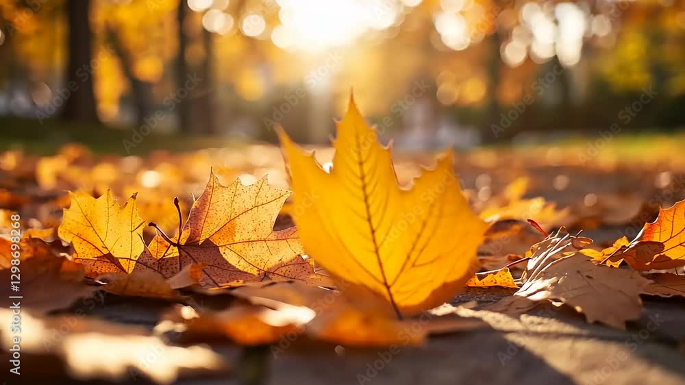 Autumn leaves scattered on a sunlit walkway in a park, creating a warm and tranquil atmosphere Autumn leaves scattered on a sunlit walkway in a park, creating a warm and tranquil atmosphere