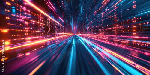 High-energy fast-moving light trails in a futuristic digital space