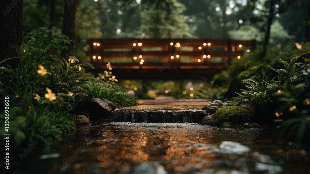 Obraz premium Exploring the serenity of a rustic wooden bridge in a lush forest. Generative AI