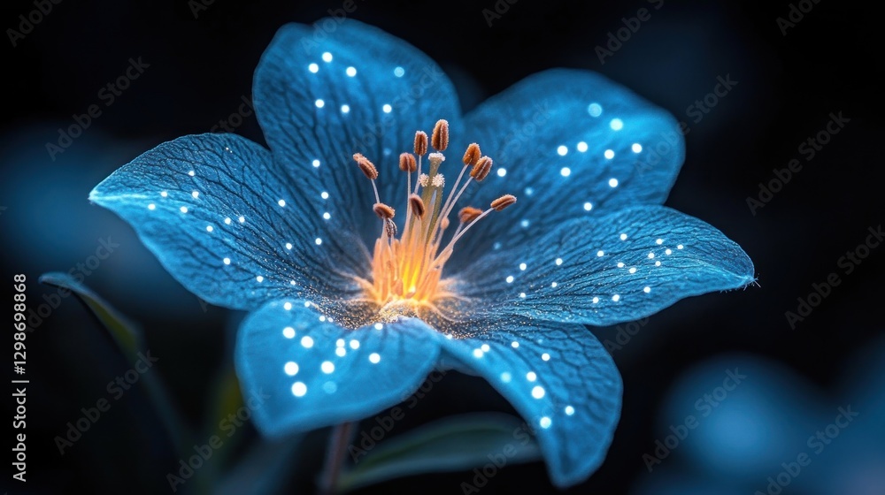 Glowing blue flower blooms against a dark, shadowy background. Light emitting from petals and center Glowing blue flower blooms against a dark, shadowy background. Light emitting from petals and center