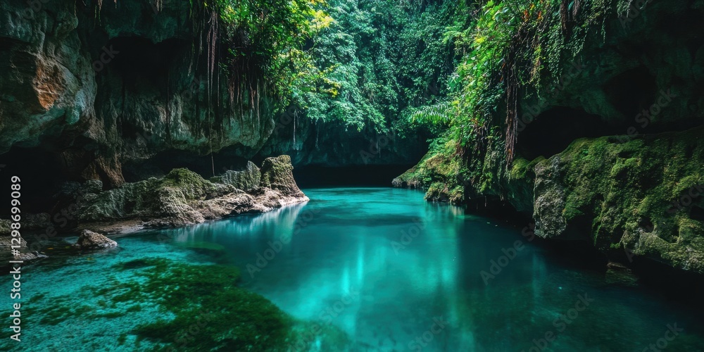 Naklejka premium Tranquil river flowing through lush greenery and rocky formations in a serene natural setting