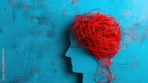 Exploring Mental Health Through Tangled Red Threads Over a Blue Background in a Flat Lay Design
