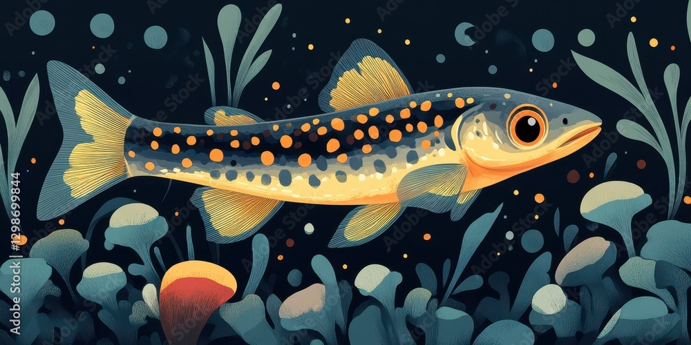 Vibrant Underwater Illustration of a Colorful Fish with Detailed Patterns Among Stylized Aquatic Plants and Bubbles in a Dark Background Vibrant Underwater Illustration of a Colorful Fish with Detailed Patterns Among Stylized Aquatic Plants and Bubbles in a Dark Background