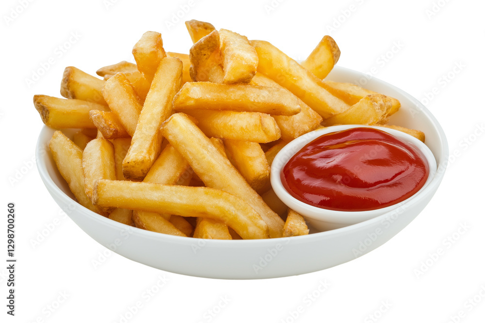 Plate of french fries with ketchup isolated on transparent white background Plate of french fries with ketchup isolated on transparent white background