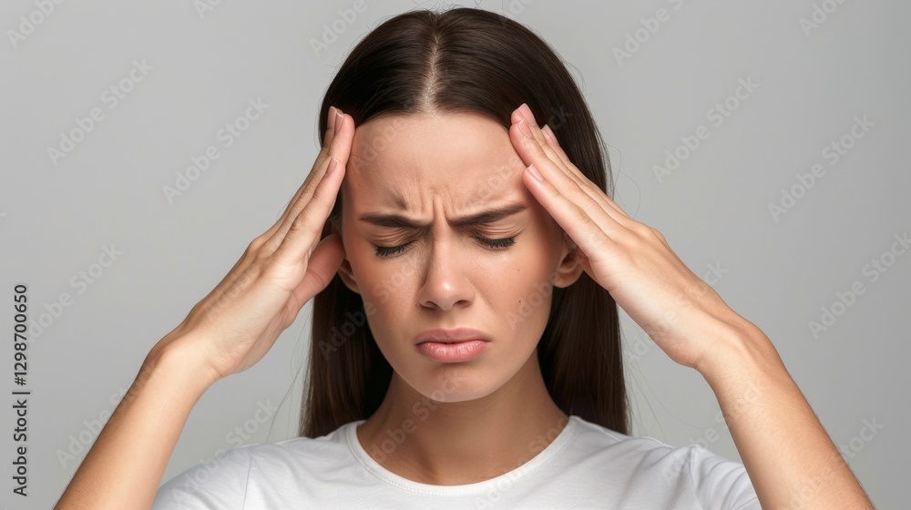 Woman Experiencing Severe Headache and Stress While Touching Her Temples Against a Gray Background Woman Experiencing Severe Headache and Stress While Touching Her Temples Against a Gray Background
