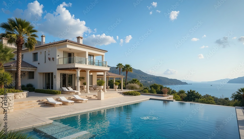 Fototapeta premium Luxury villa with pool overlooking ocean, blue sky, palm trees. Serene getaway or vacation spot with scenic views and relaxing ambiance.