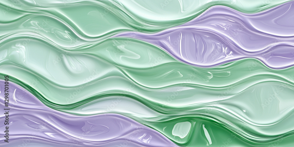 Abstract waves of green and purple glossy paint create a mesmerizing backdrop. Abstract waves of green and purple glossy paint create a mesmerizing backdrop.