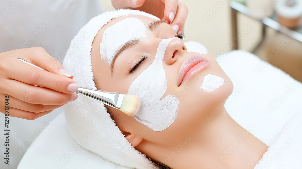 Beautician applying clay mask on woman's face in spa salon Beautician applying clay mask on woman's face in spa salon