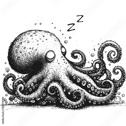 Octopus sleeping line art drawing ink sketch vector hand drawn illustration background tranquil twilight sleeping under the stars