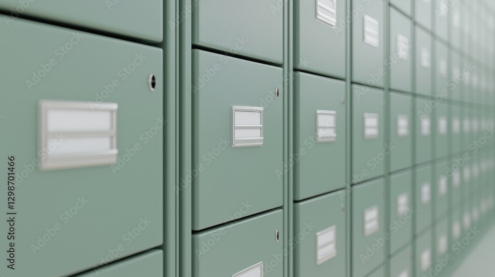 Rows of green filing cabinets, office storage, background blurred Rows of green filing cabinets, office storage, background blurred