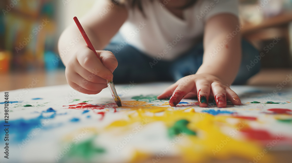 Toddler painting with brush and fingers on floor: creativity and joyful mess Toddler painting with brush and fingers on floor: creativity and joyful mess