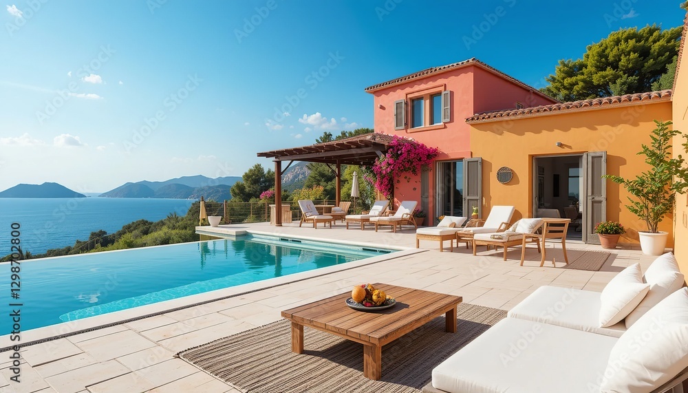 Fototapeta premium Luxury villa with stunning ocean view, infinity pool, lounge area, and colorful facade offering a serene and upscale retreat.
