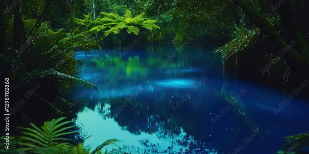 Fototapeta premium Tranquil blue water reflecting lush greenery in a serene forest setting during twilight